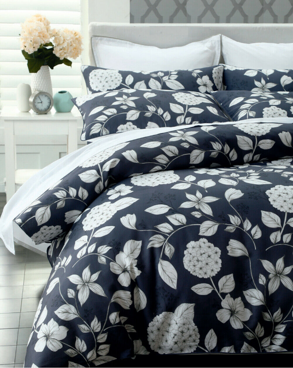 Bettenring Satin Bettwäsche Hydrangea Fb. Blau